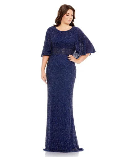 Mac Duggal 5361 Fabulouss Plus Size Long Cape Sleeve Dress In Blue