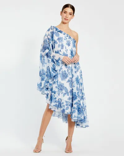 Mac Duggal 55073 High Low Floral Cape Sleeve Cocktail Dress In Blue