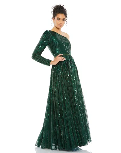 Mac Duggal 5508 Long One Shoulder A Line Prom Dress In Green