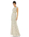 Mac Duggal Embellished Illusion Cap Sleeve Column Gown In Gray