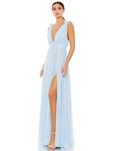 Mac Duggal Pleated Chiffon Sleeveless V-neck Gown In Powder Blue