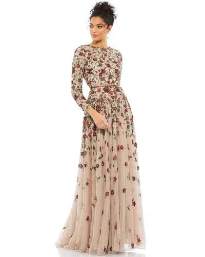 Mac Duggal Embellished High Neck Long Sleeve A Line Gown In Antique Rose