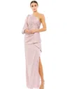 Mac Duggal One-shoulder Bishop Sleeve Gown With Ruched Waist And Thigh-high Slit In Pink
