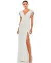 Mac Duggal Embellished Sleeve Jersey Wrap Gown In White