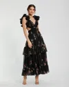 Mac Duggal Tiered Floral Chiffon Gown With Ruffle Cap Sleeves And Lace-up Back In Black