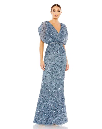 Mac Duggal Draped Sleeves Ruched Waist Detail V Neck Gown In Slate Blue