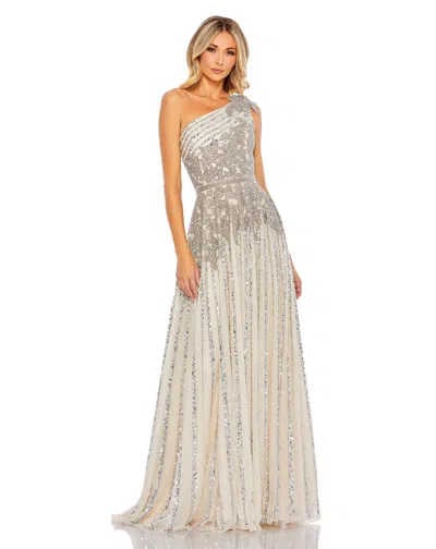 Mac Duggal Beaded Embellished One Shoulder A Line Gown In Silver Beige