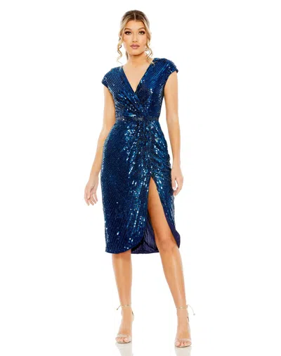 Mac Duggal 5777 Short Sequin Faux Wrap Front Slit Dress In Blue