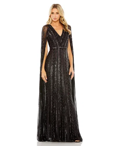 Mac Duggal 5915 Long Sequined V Neck Cape Sleeve Dress In Black