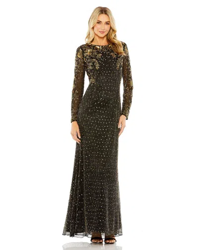 Mac Duggal High Neck Long Sleeve Embellished Gown In Black Gold