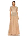 Mac Duggal High Neck Puff Sleeve Embellished A Line Gown In Neutral