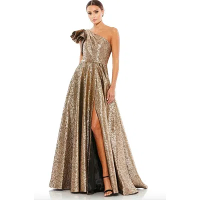 Pre-owned Mac Duggal 67297 Gold Metallic One Shoulder Ball Gown Size 4 Maxi Dress