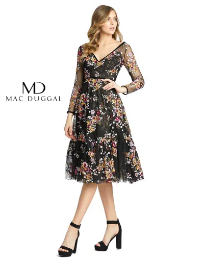 Mac Duggal Sequined Floral Lace Long-sleeve Illusion Dress In Black Multi