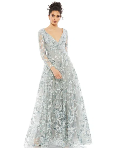 Mac Duggal Embellished V Neck Illusion Long Sleeve A Line Gown In Mist