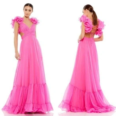 Pre-owned Mac Duggal 67911 Ruffle Tiered Cut Out Chiffon Gown Size 4 Hot Pink