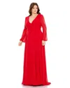 Mac Duggal 67912 Fabulouss Plus Size Long Sleeve Chiffon Gown In Red