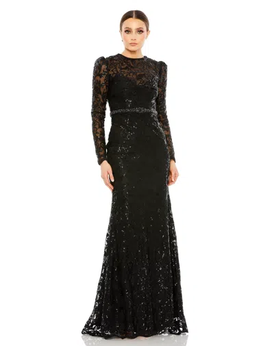 Mac Duggal Embellished High Neck Long Sleeve Gown In Black In Multi