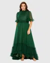 Mac Duggal High Neck Flutter Sleeve Ruffle Tiered High Low Plus Size Gown In Green