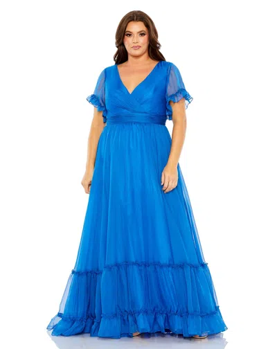 Mac Duggal Chiffon Faux Wrap Flutter Sleeve Tiered Gown In Ocean Blue