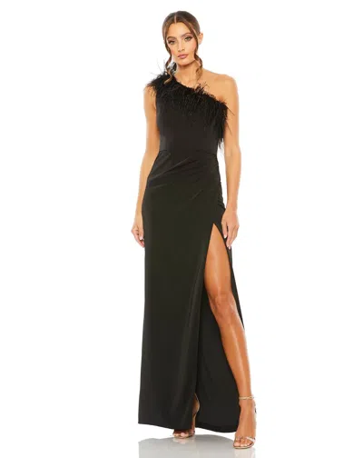 Mac Duggal One Shoulder Feather Trim High Slit Gown In Black