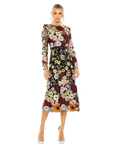 Mac Duggal Hand Stitched Floral Embellished High Neck A-line Dress In Black Multi