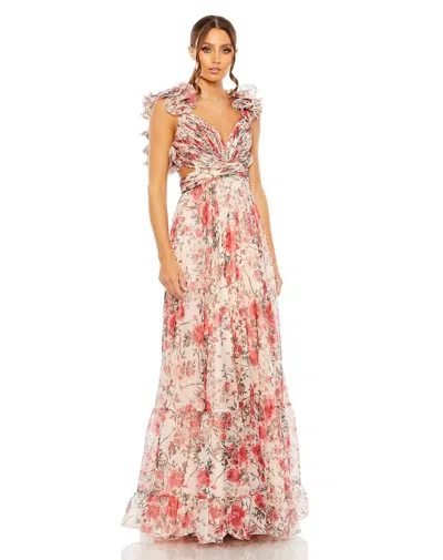 Mac Duggal Tiered Floral Chiffon Gown With Ruffle Accents And Open Back In Multi