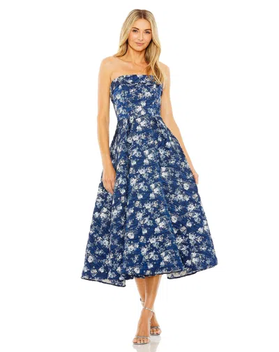 Mac Duggal Floral Strapless Brocade Midi Cocktail Dress In Blue Multi