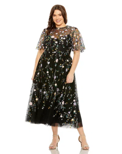 Mac Duggal 68638 Plus Size Sequin Floral Detail Midi Dress In Black