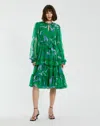 Mac Duggal Printed Chiffon Bishop Sleeve Ruffle Midi Dress In Green