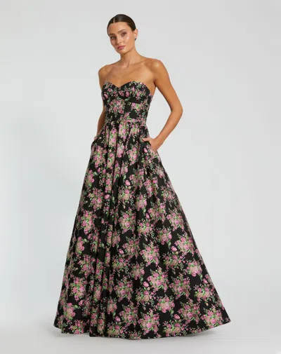 Mac Duggal 68780 Long Floral A Line Formal Prom Dress In Black