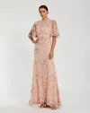 Mac Duggal Flutter Sleeve Floral Emboridered Net Gown In Pink