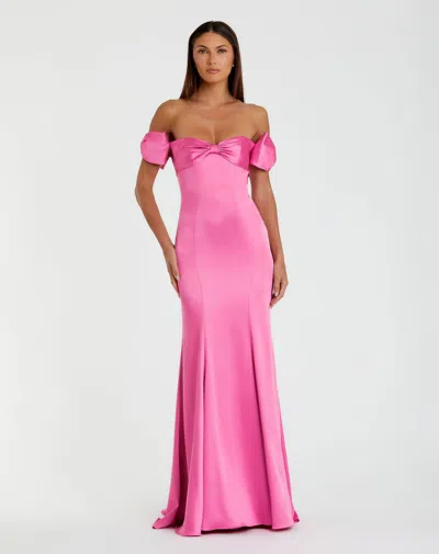 Mac Duggal Off The Shoulder Statement Bow Satin Mermaid Gown In Pink