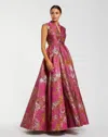 Mac Duggal Metallic Jacquard Ball Gown With Notched Collar And Cap Sleeves In Multi