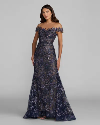 Mac Duggal Lace Mesh Illusion Neck Cap Sleeve Trumpet Gown In Blue
