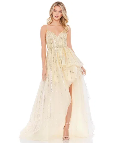 Mac Duggal Embellished Sleeveless Draped A Line Gown In Gold Silver