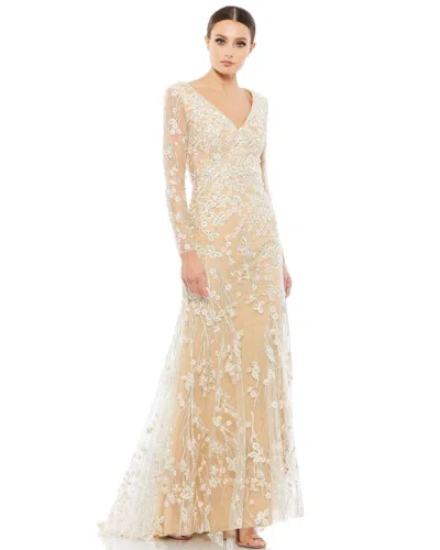 Mac Duggal Embroidered V Neck Long Sleeve Trumpet Gown In Ivory Nude