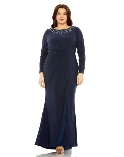 Mac Duggal Long Sleeve Embellished Neckline Jersey Gown In Blue