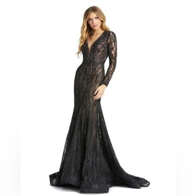 Pre-owned Mac Duggal 79291 Beaded Illusion Long Sleeve Plunge Neck Gown Size 4 Black