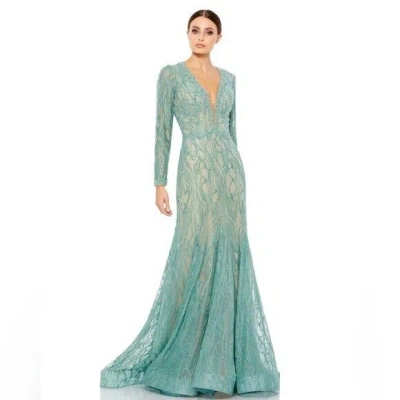 Pre-owned Mac Duggal 79291 Beaded Illusion Long Sleeve Plunge Neck Gown Sz 16 In Green