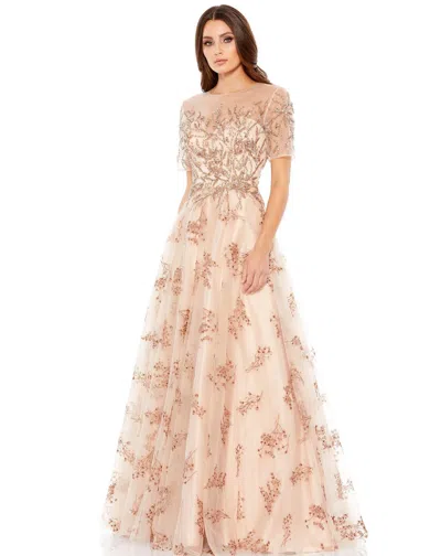 Mac Duggal Embellished Illusion Short Sleeve A Line Gown In Champagne In Neutral