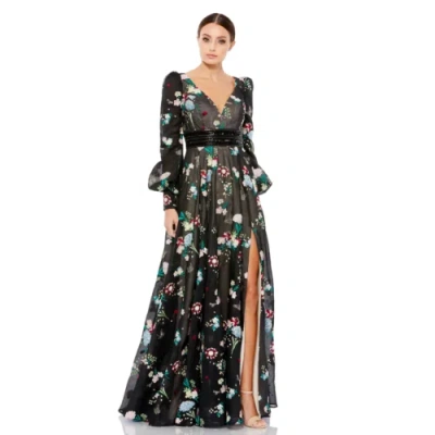 Pre-owned Mac Duggal 79361 Embroidered Bishop Sleeve V Neck Flowy Gown Black Multi 14