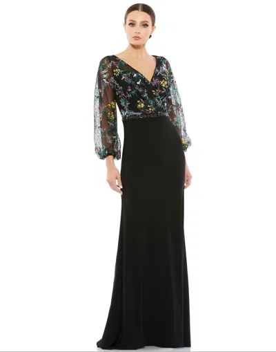 Mac Duggal Embroidered Illusion Puff Sleeve Column Gown In Black Multi