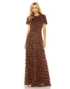 Mac Duggal 8042 Long Ruffle Tiered Short Sleeve Dress In Brown