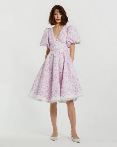 Mac Duggal Puff-sleeve V-neck A-line Knee-length Dress In Orchid White