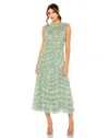Mac Duggal Floral Ruffle Tiered Mesh Mock Neck Sleeveless Dress In Green