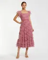 Mac Duggal Dot Net Sequin Ruffle Sweetheart Neck Midi Dress In Pink