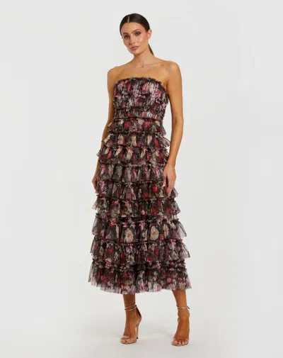 Mac Duggal 8351 Sequin Floral Ruffle A Line Midi Cocktail Dress In Brown