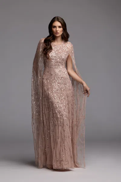 Mac Duggal Embellished Mesh Column Gown With Cape Sleeves In Pink