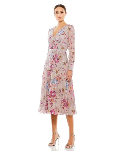 Mac Duggal Long Sleeve Embellished Floral Midi Dress In Multi