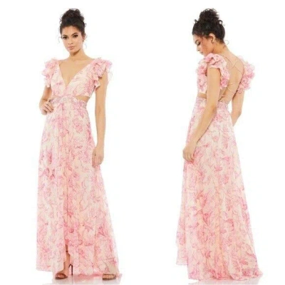 Pre-owned Mac Duggal 9161 Floral Printed Ruffle Shoulder Lace Up Gown Size 4 Pink